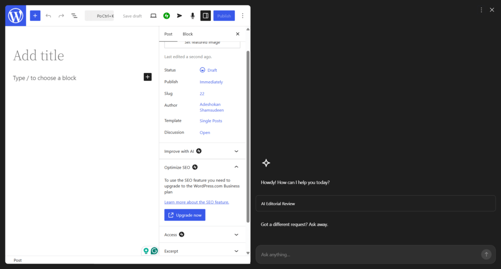 wordpress block editor settings sidebar and ai chat overlay interface WordPress block editor with an expanded settings sidebar showing post details and a dark-themed AI chat overlay on the right displaying options like AI Editorial Review.