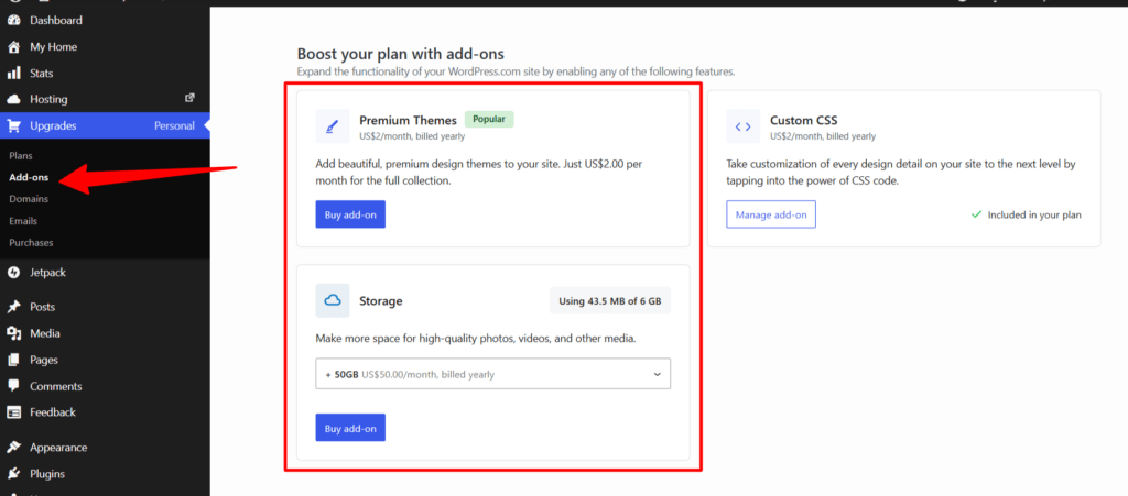 WordPress.com Add-ons page showing available upgrades, including Premium Themes, additional storage, and Custom CSS options for a Personal plan.