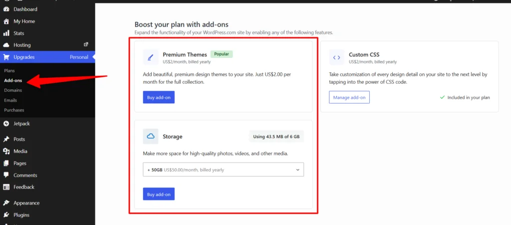 wordpress com addons page WordPress.com Add-ons page showing available upgrades, including Premium Themes, additional storage, and Custom CSS options for a Personal plan.