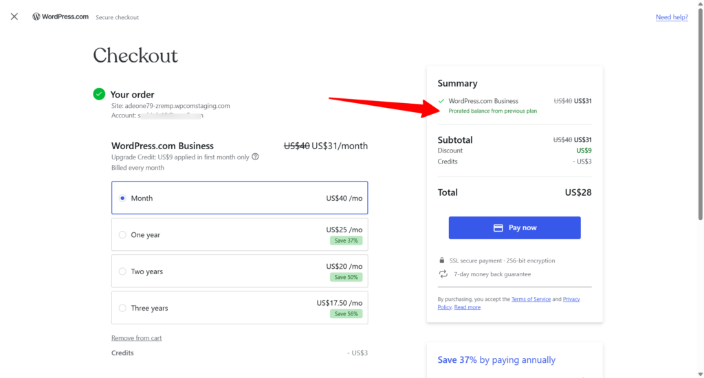 wordpress com business plan upgrade with prorated discount WordPress.com secure checkout page for a Business plan upgrade with a prorated balance from the previous plan.