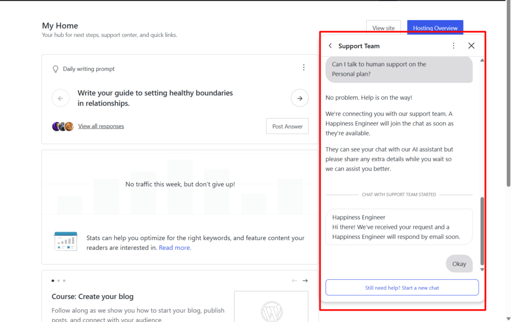 WordPress.com live support team chat window on the right with a message stating that a Happiness Engineer will respond by email soon.