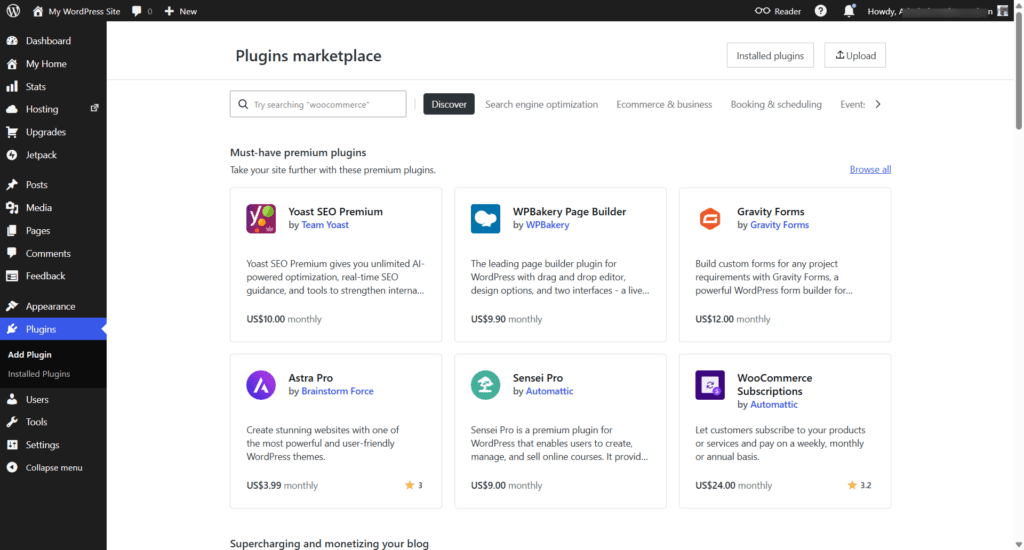 wordpress com plugins marketplace dashboard for premium addons WordPress.com Plugins marketplace dashboard showing a selection of premium plugins available for purchase.