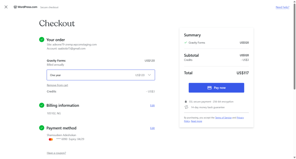 wordpress com secure checkout page for gravity forms purchase WordPress.com secure checkout page for purchasing Gravity Forms billed annually at one hundred and twenty dollars, showing order details, billing information, a Mastercard payment method, and a summary box.