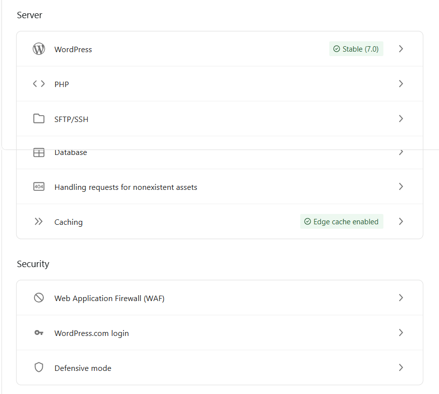 wordpress com server configuration and security management dashboard options WordPress.com Server configuration options for PHP, SFTP, SSH, Database and Caching with Edge cache and Security sections.