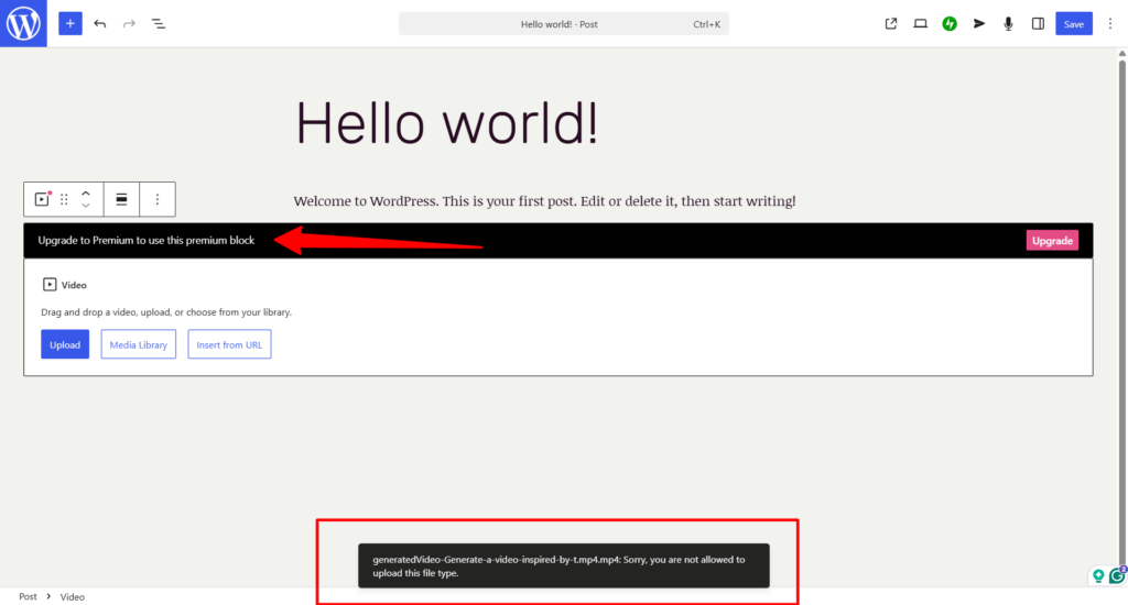 WordPress.com post editor displaying a premium Video block with an upgrade prompt and an error message stating that the uploaded MP4 file type is not allowed.