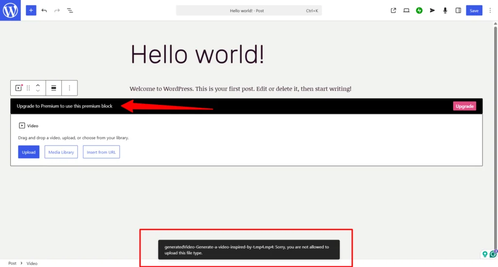 wordpress com video block upload error WordPress.com post editor displaying a premium Video block with an upgrade prompt and an error message stating that the uploaded MP4 file type is not allowed.