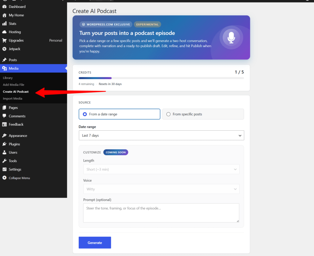 wordpress create ai podcast tool configuration panel WordPress.com experimental Create AI Podcast tool that converts posts into podcast episodes.