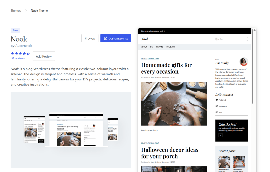 ook theme details page by Automattic in the WordPress repository, showing a description of the layout, a Customize site button, and a live design preview on the right.