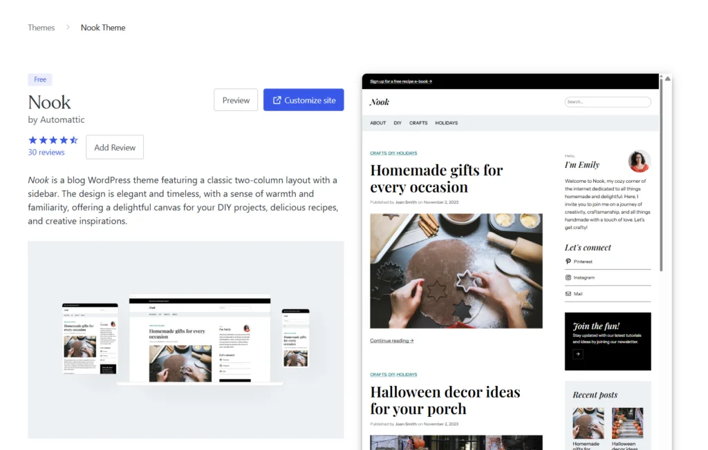 ook theme details page by Automattic in the WordPress repository, showing a description of the layout, a Customize site button, and a live design preview on the right.