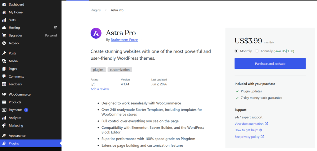 Astra Pro plugin by Brainstorm Force in the WordPress repository, showing the monthly pricing and a Purchase and activate button.