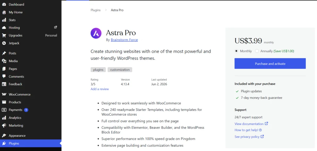 Astra Pro plugin by Brainstorm Force in the WordPress repository, showing the monthly pricing and a Purchase and activate button.