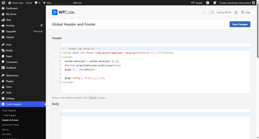 WPCode plugin showing a Google Analytics tracking script inserted into the Global Header input field.