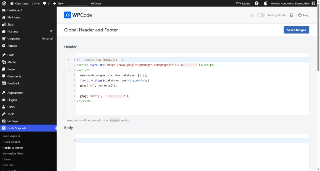 wordpress wpcode global header google analytics code insertion WPCode plugin showing a Google Analytics tracking script inserted into the Global Header input field.