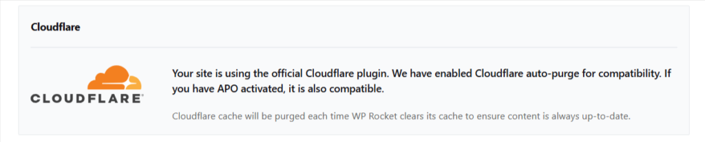 WP Rocket Cloudflare settings section showing a compatibility notification stating that Cloudflare auto-purge and APO are enabled alongside the official Cloudflare plugin.
