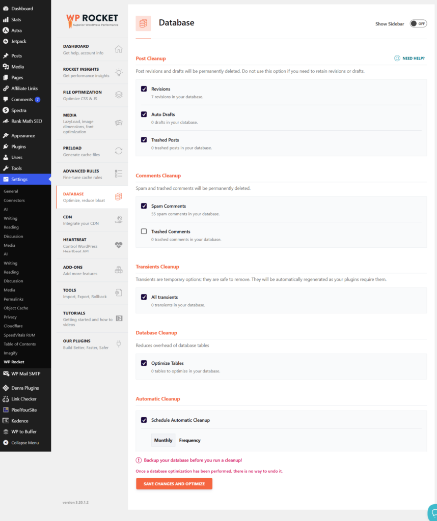 WP Rocket Database settings screen showing cleanup optimization and automatic schedule sections.