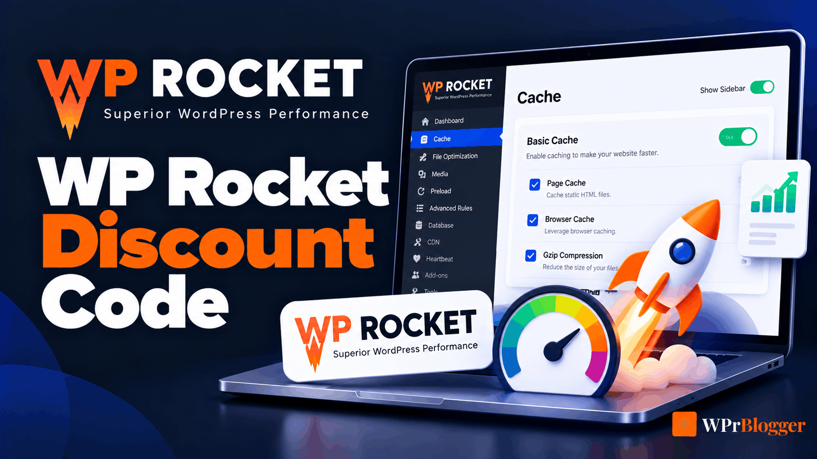 WP Rocket discount code banner featuring the WordPress caching plugin dashboard, website speedometer, and rocket illustration highlighting website performance optimization.