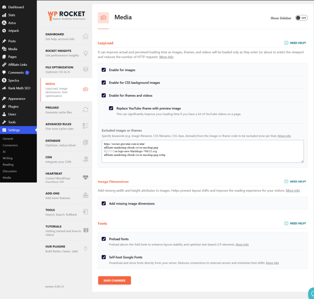 WP Rocket Media settings dashboard displaying configuration sections for LazyLoad options, Image Dimensions, and Fonts optimization features.