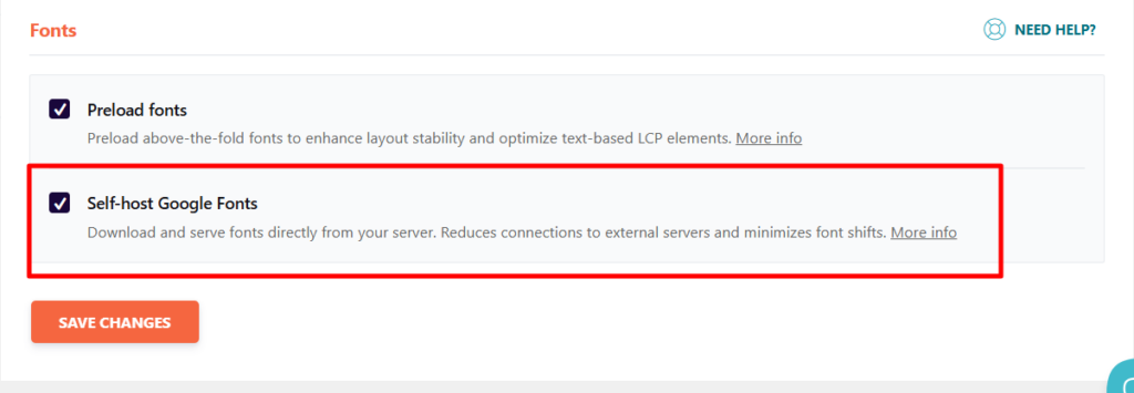 WP Rocket settings screen under the Fonts section, with a red box highlighting the checked Self-host Google Fonts option.