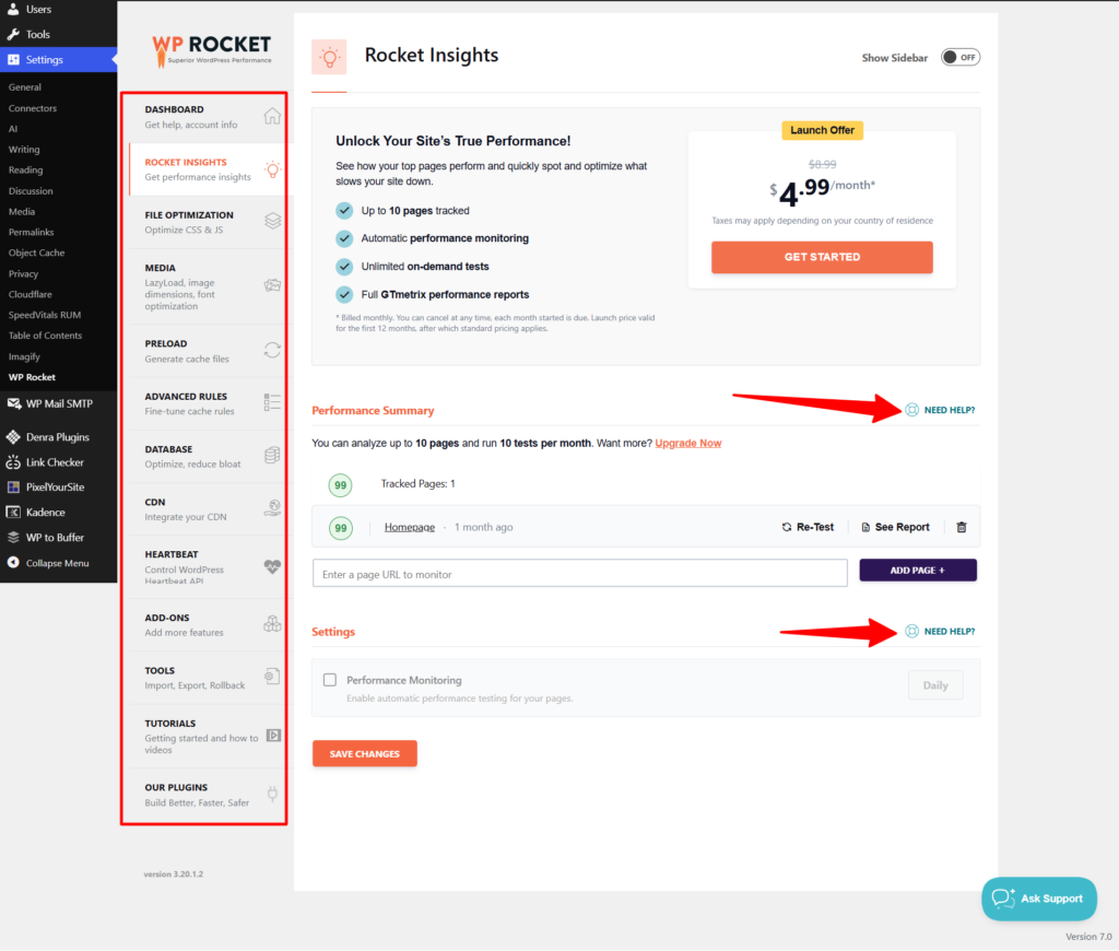 WP Rocket settings page under the Rocket Insights tab, with a red box highlighting the full plugin sidebar menu and red arrows pointing to Need Help links.