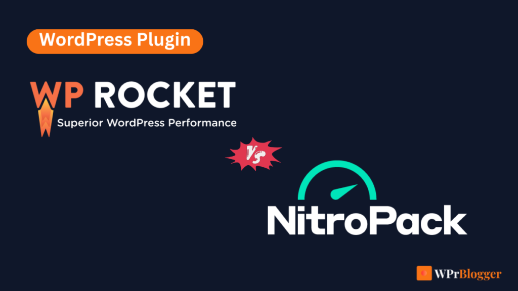 Featured graphic comparing WP Rocket and NitroPack WordPress plugins with a vs icon in the center on a dark background.