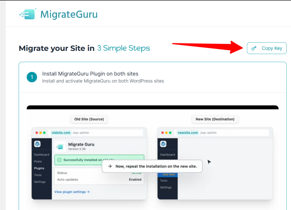 copy migration key migrate guru Migrate Guru migration screen highlighting the Copy Key button used to copy the destination site's migration key before transferring a WordPress website.