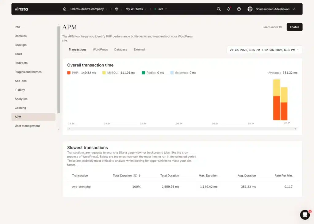 Kinsta APM dashboard showing overall transaction time breakdown and PHP performance monitoring metrics for a WordPress site.