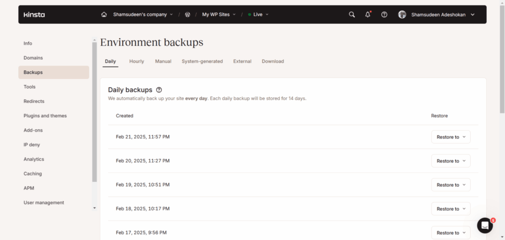 Kinsta MyKinsta dashboard displaying the environment backups section with daily backup points and restore options.