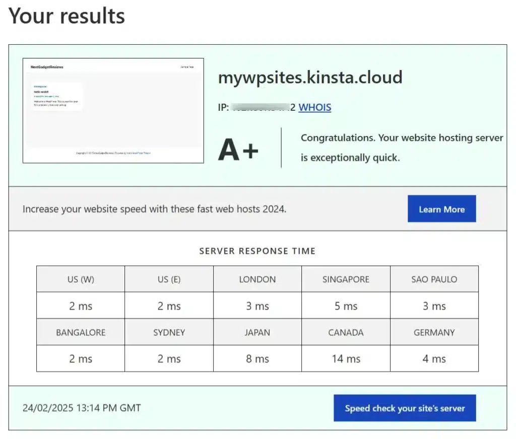 Server response time speed test results for a Kinsta hosted website showing an A+ rating and fast global response times.