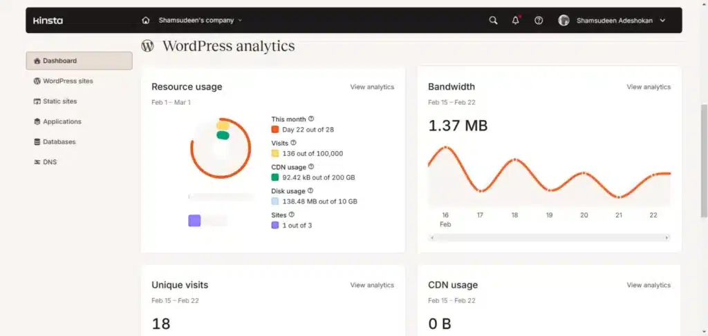 Kinsta WordPress analytics dashboard displaying resource usage, bandwidth, unique visits, and CDN usage statistics.