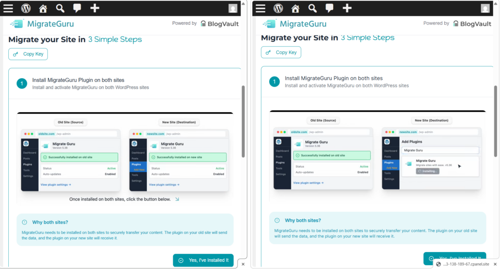 migrate guru installed on both sites Side by side view of Migrate Guru installed on both the old and new WordPress sites before starting the website migration process.