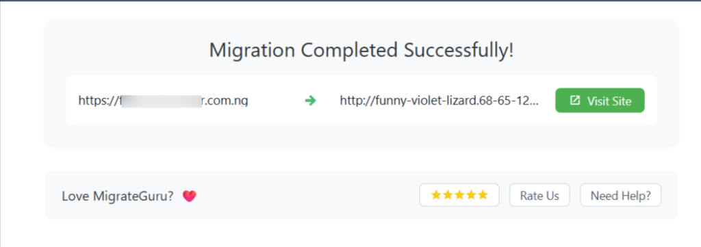 migrate guru migration completed Migrate Guru success screen confirming that the WordPress website migration completed successfully, with a link to visit the newly migrated site.