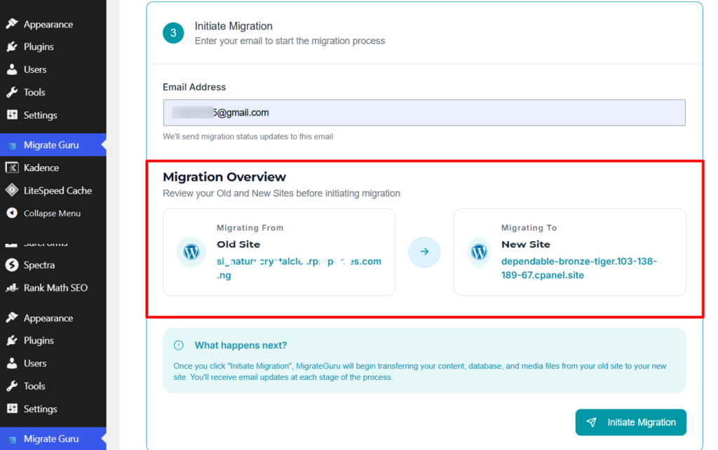 migrate guru old and new site migration overview Migrate Guru migration overview screen showing the source and destination WordPress sites, email notification field, and the Initiate Migration button before starting the website transfer.