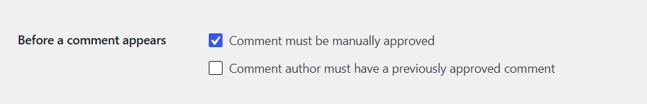 wordpress comment moderation settings WordPress Discussion Settings showing the option to manually approve comments before they appear on the website.