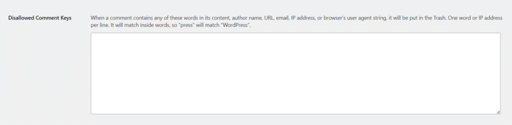 wordpress disallowed comment keys settings dashboard WordPress Discussion Settings page showing the Disallowed Comment Keys section with a large empty text box for inputting forbidden words or IP addresses.