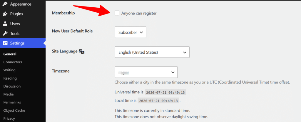 wordpress general settings membership registration option WordPress General Settings page with a red arrow pointing to the unchecked "Anyone can register" checkbox under Membership.
