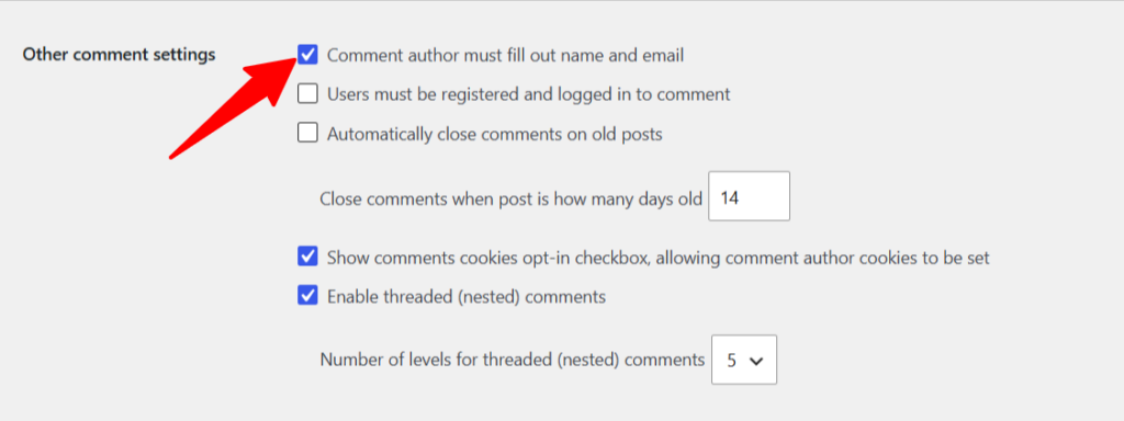wordpress other comment settings configuration WordPress Discussion settings showing the Other comment settings section with a red arrow pointing to the checked option Comment author must fill out name and email.