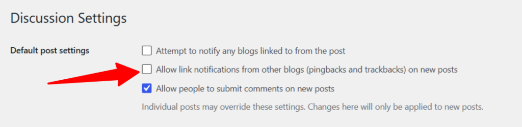 wordpress pingbacks and trackbacks configuration WordPress Discussion Settings dashboard showing a red arrow pointing to the unchecked pingbacks and trackbacks option.