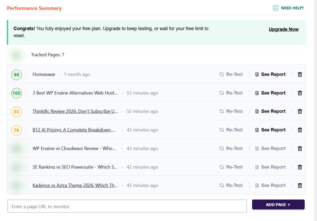 Rocket Insights dashboard showing performance scores for tracked WordPress pages with page speed reports and retest options.