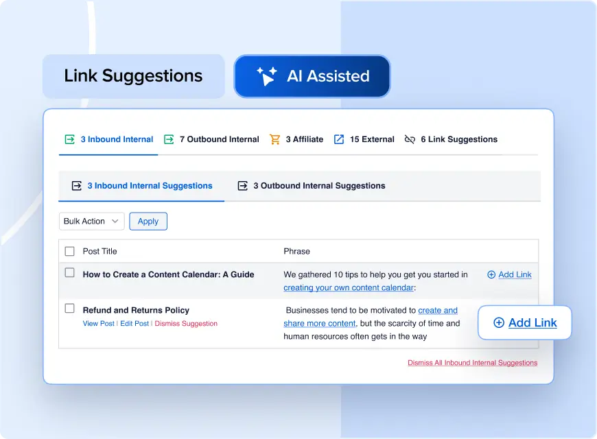 AIOSEO Link Assistant dashboard displaying AI Assisted link suggestions and inbound internal links table.