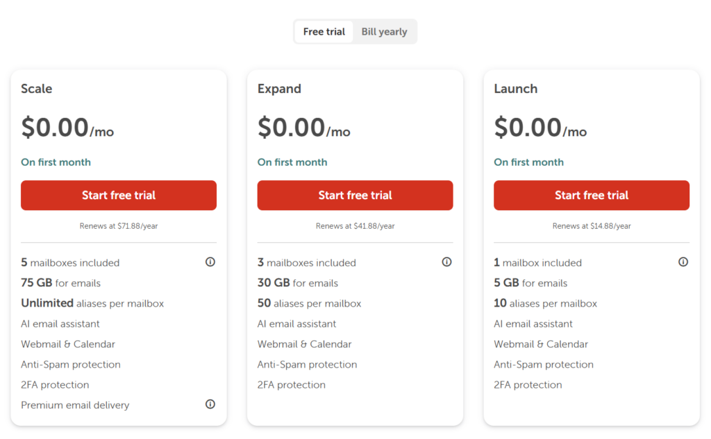 business email hosting pricing plans and free trial options Business email pricing plans comparison table including Scale, Expand, and Launch options with a first month free trial offer.