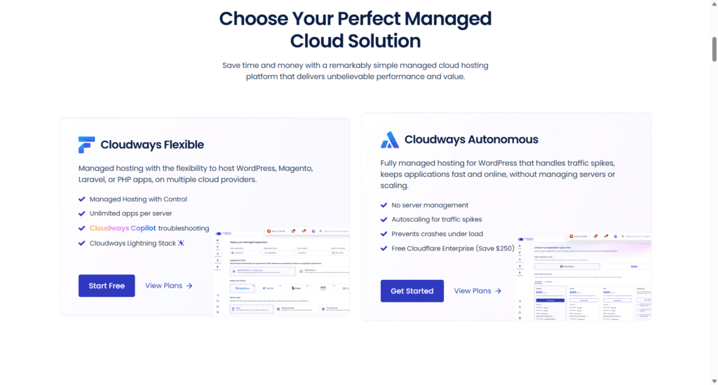 Cloudways website section titled Choose Your Perfect Managed Cloud Solution comparing Cloudways Flexible and Cloudways Autonomous hosting plans.