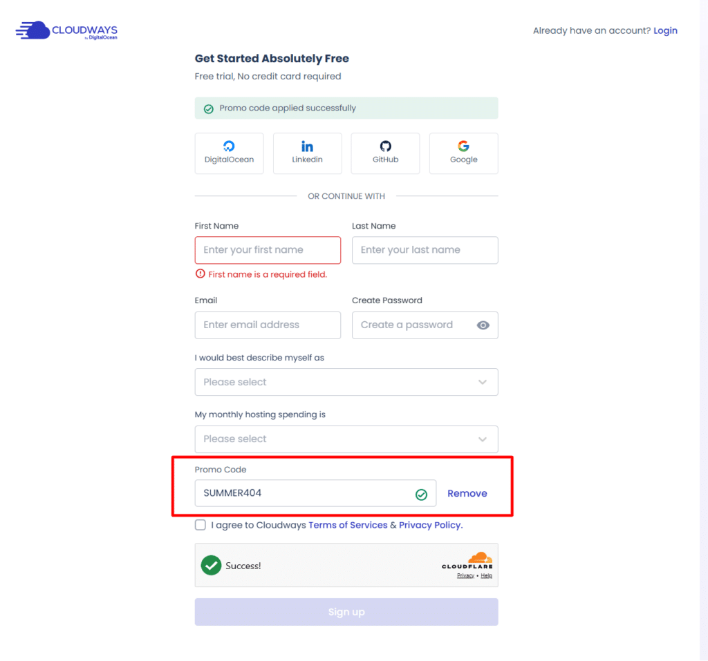 Cloudways sign up page showing the promo code field highlighted with the discount code SUMMER404 applied successfully.
