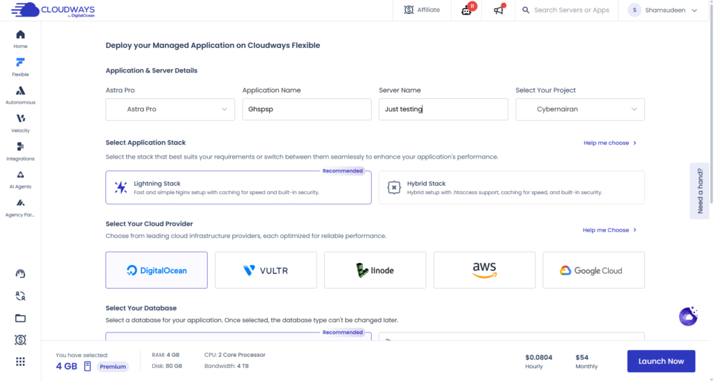 Cloudways server deployment dashboard displaying options to configure application details, select application stack, and choose cloud providers.