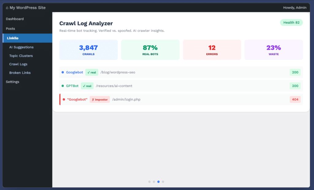 Linkilo crawl log analyzer dashboard displaying bot tracking metrics real vs impostor bots and crawl errors.