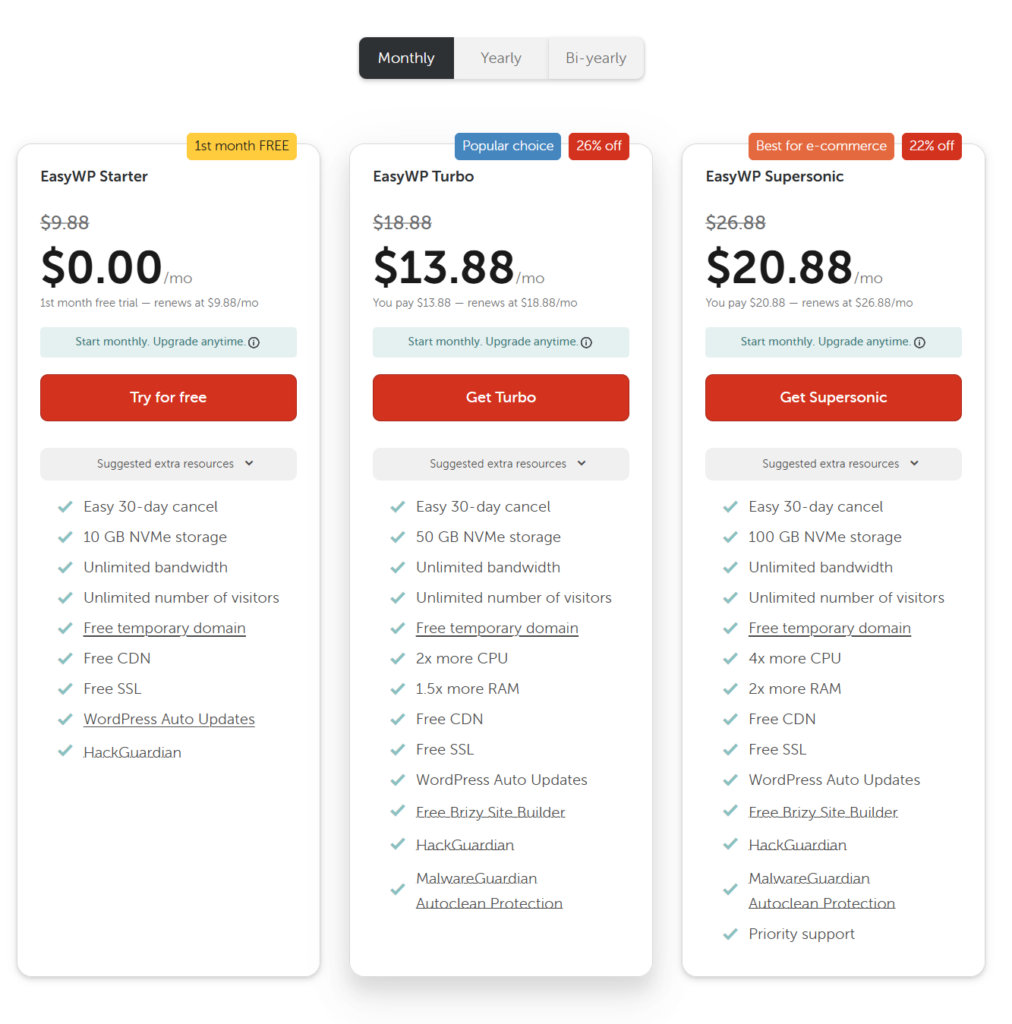 namecheap easywp wordpress hosting pricing free trial plans Namecheap EasyWP managed WordPress hosting pricing comparison table featuring EasyWP Starter, EasyWP Turbo, and EasyWP Supersonic plans.