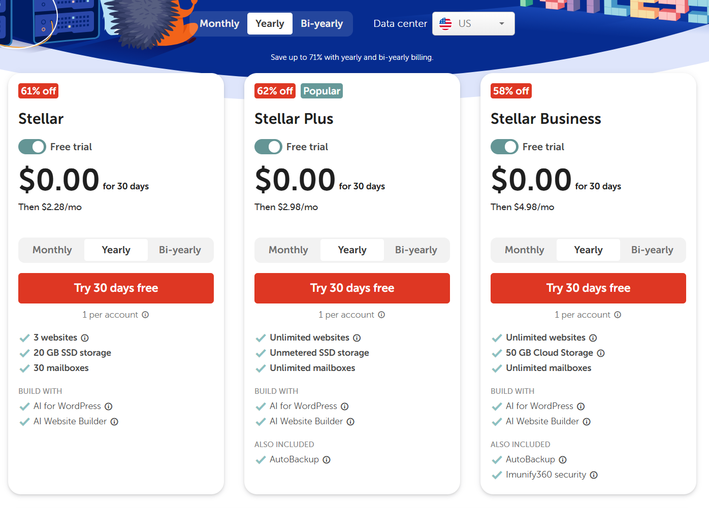 namecheap shared hosting plans free trial and pricing Namecheap shared hosting pricing plans including Stellar, Stellar Plus, and Stellar Business featuring a 30-day free trial offer.