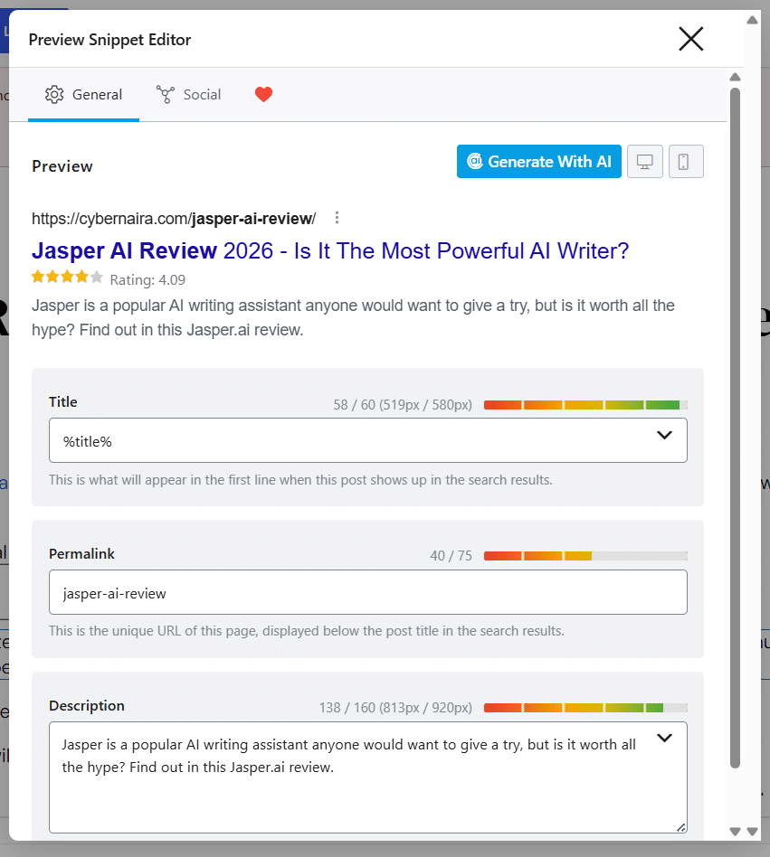 Rank Math Preview Snippet Editor modal displaying search preview title permalink and meta description for Jasper AI Review.