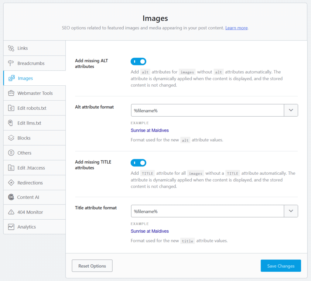 Rank Math SEO image settings showing options to add missing ALT and title attributes automatically using custom variables . 