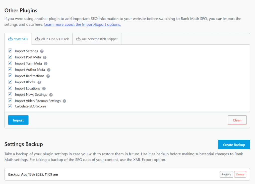 Rank Math SEO status tools panel showing options to import settings from Yoast SEO and settings backup options. 