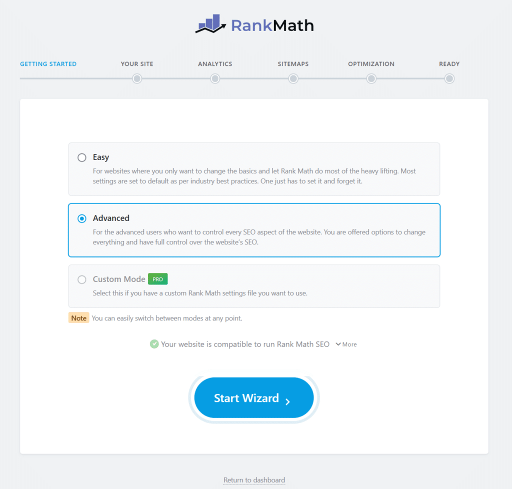 Rank Math setup wizard screen displaying Easy Advanced and Custom Mode options with Start Wizard button. 